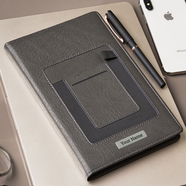 Doodle Connect Personalized Edgemont A5 Hardbound Faux Leather Notebook Diary - Grey