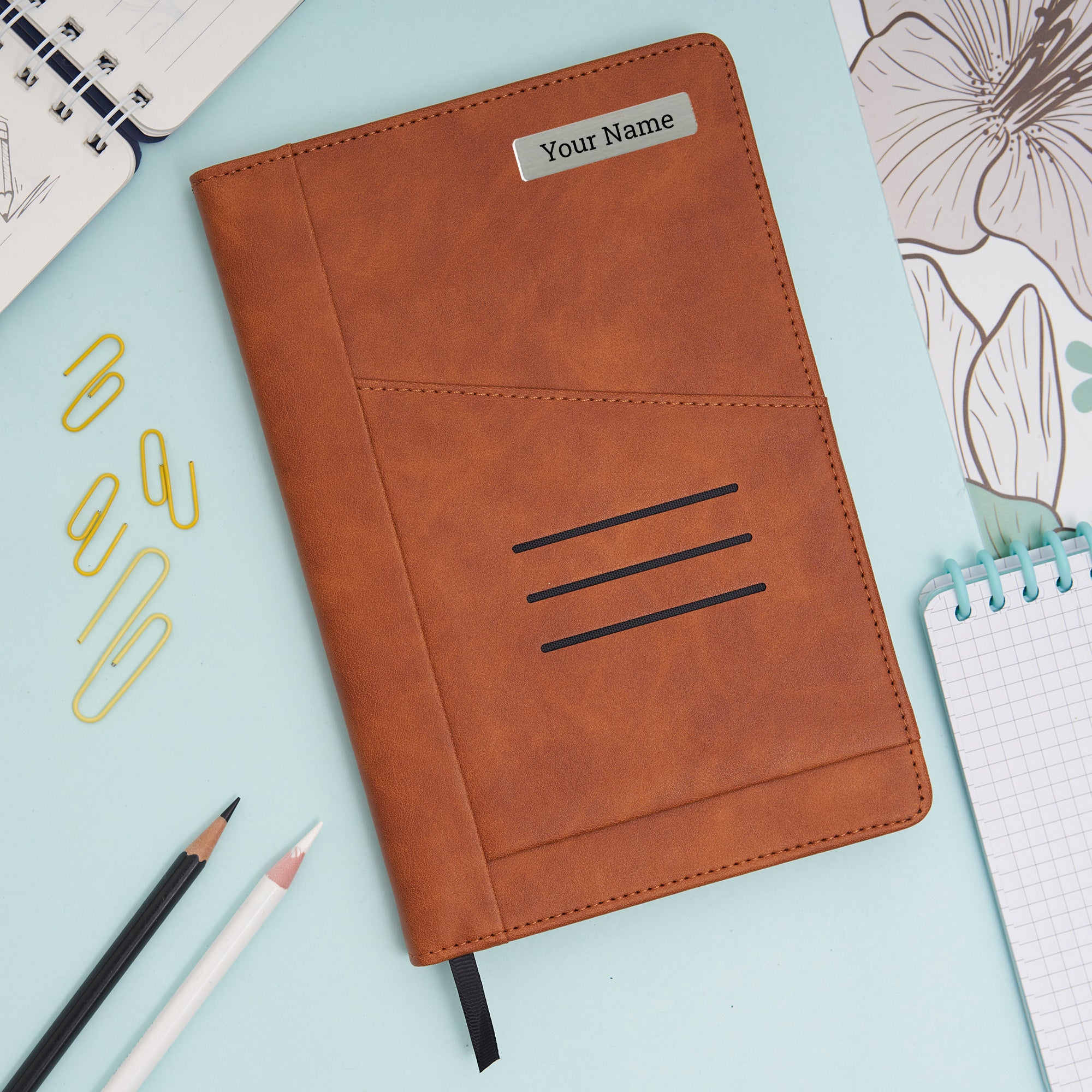 Doodle Connect Personalized Graham A5 Hardbound Faux Leather Executive Notebook - Brown