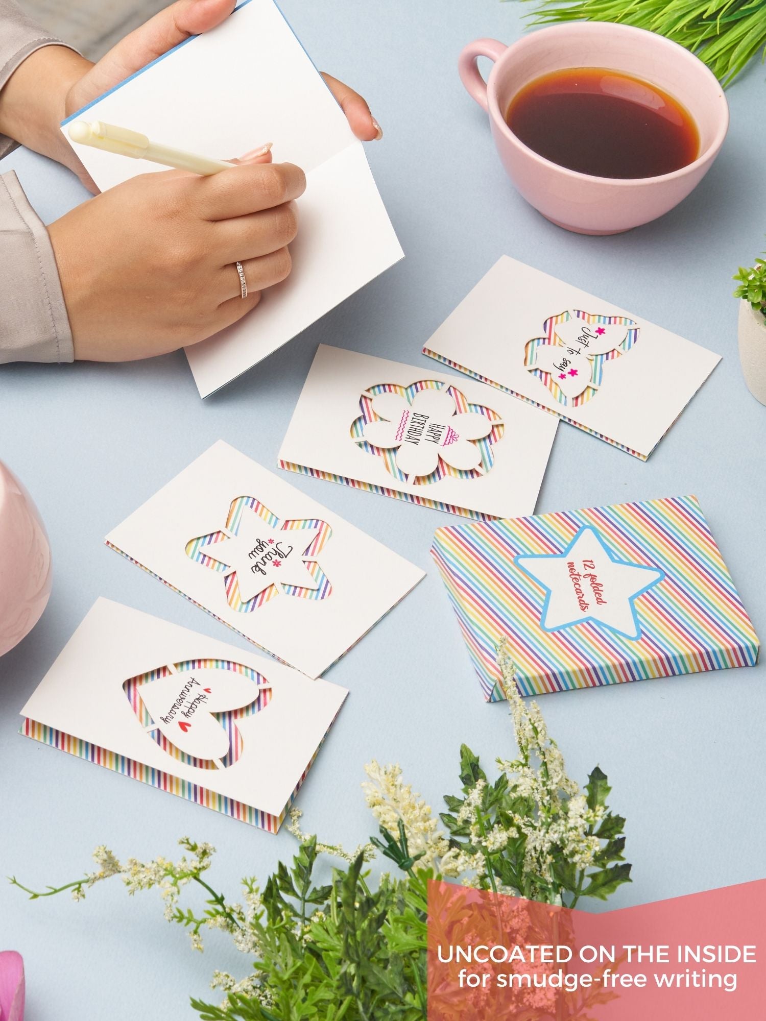 Doodle Set of 12 Blank Laser Cut Notecards - 4 Designs x 3 Cards (Colourful gestures)