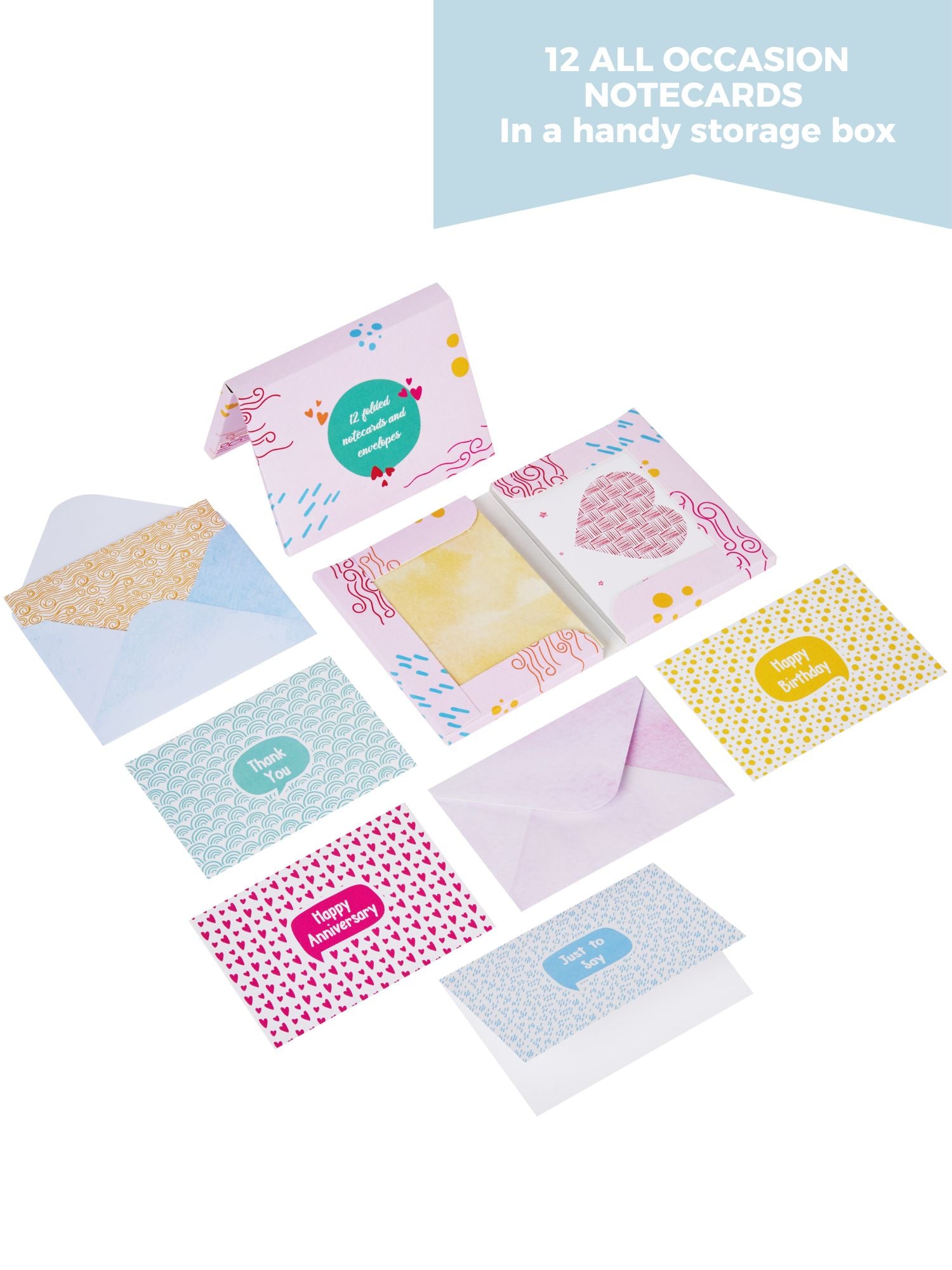 Doodle Set of 12 Blank Notecards with Coloured Envelopes and Jacket Style Packaging (Bright Pattern)
