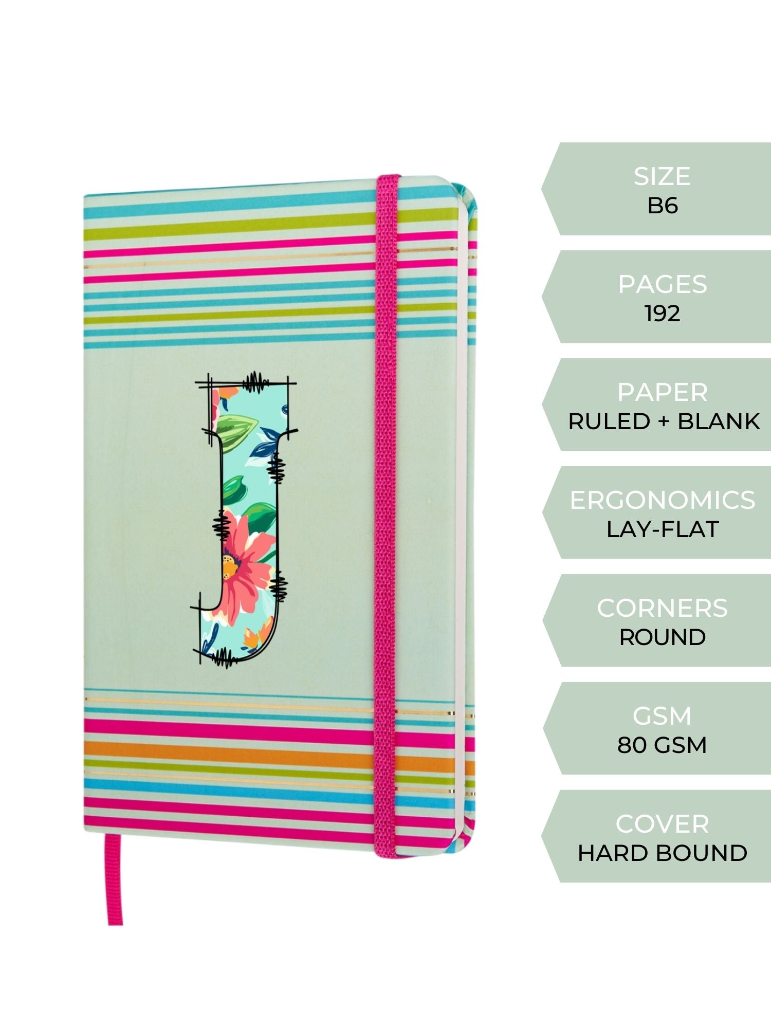 Doodle Initial J Stripes Theme Premium Hard Bound B6 Notebook Diary