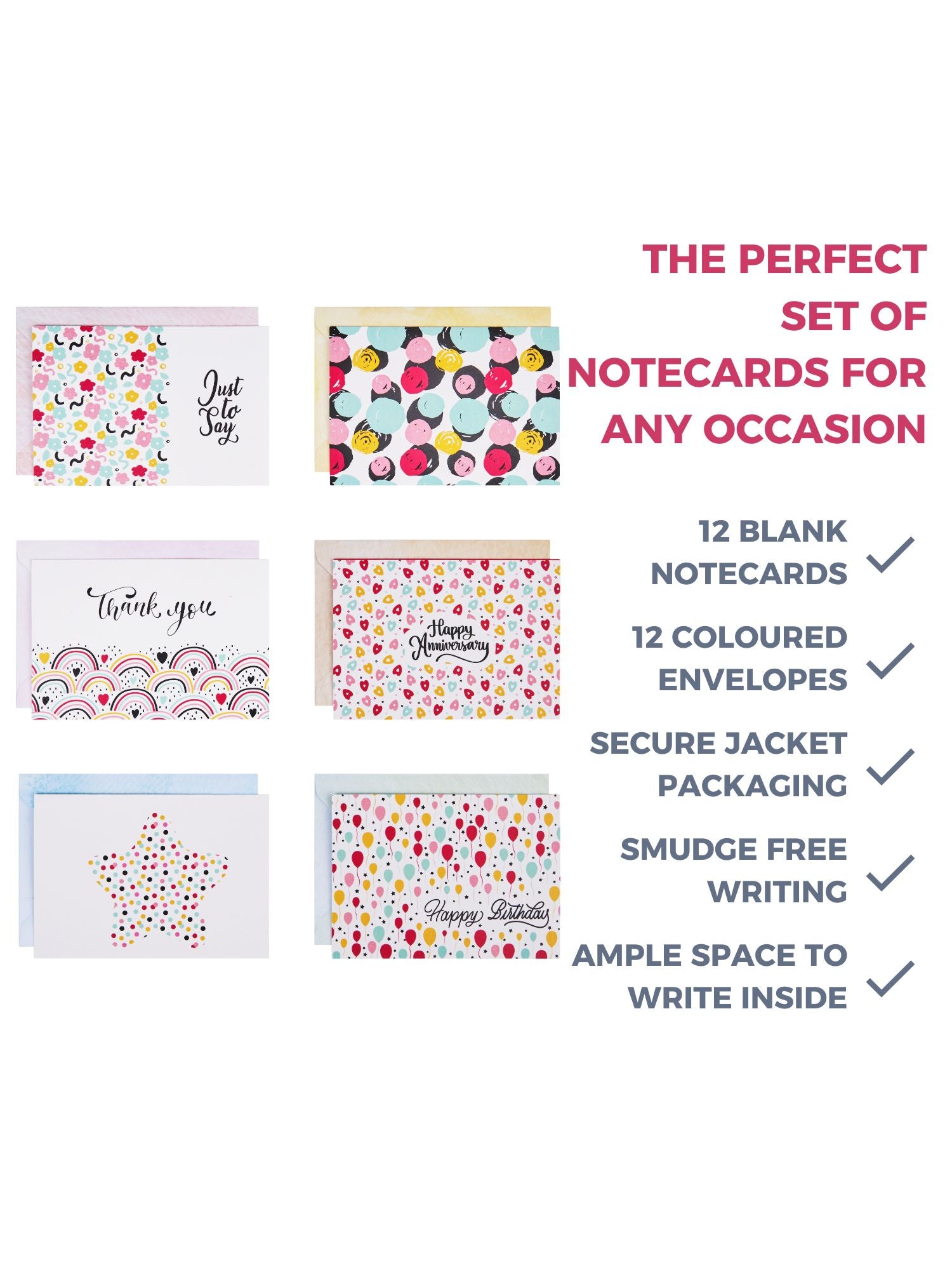 Doodle Set of 12 Blank Notecards with Coloured Envelopes and Jacket Style Packaging (Happy Thoughts)